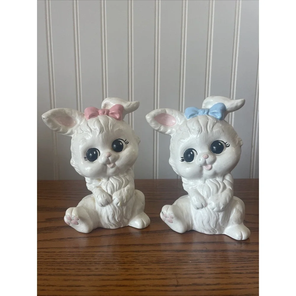 Vintage Pair Of White Ceramic Hand Painted Bunnies 1980 Pink And Blue Bow 6